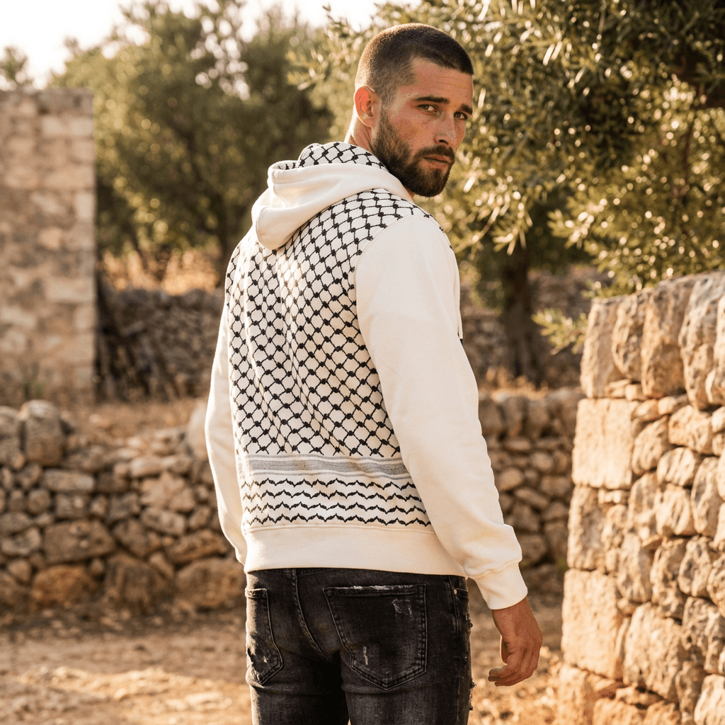 White Oversized Hoodie – Kufiya Back Panel (Hood & Back) - View 1