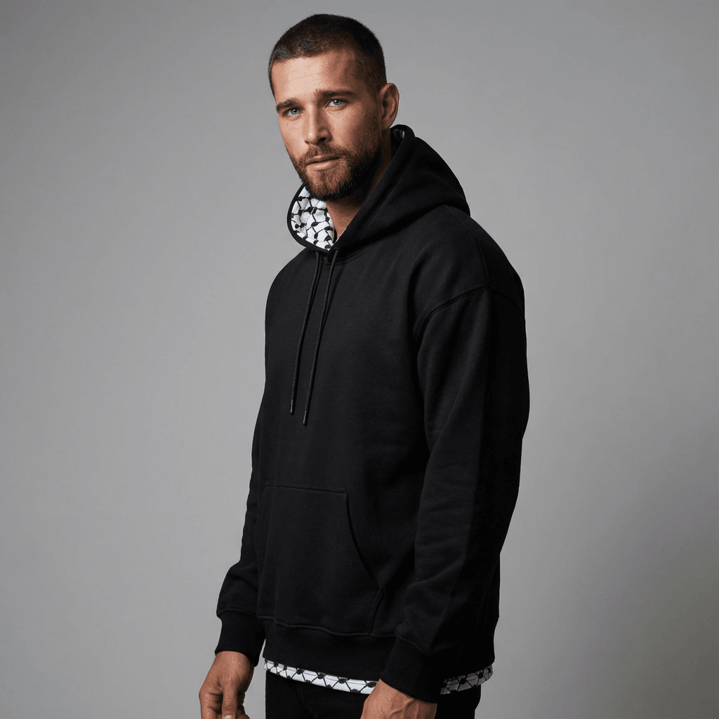 Black Oversized Hoodie – Kufiya Detail (Hood & Hem) - View 2