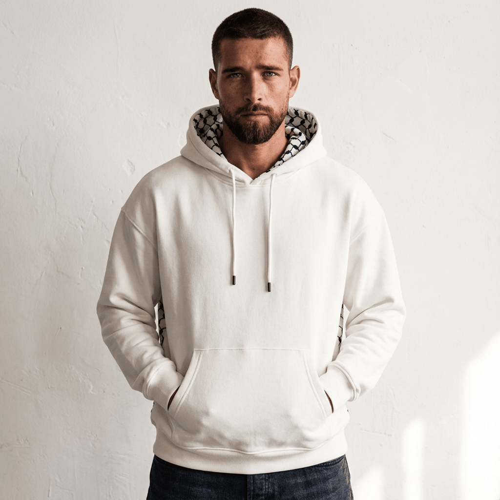 White Oversized Hoodie – Kufiya Back Panel (Hood & Back) - View 1